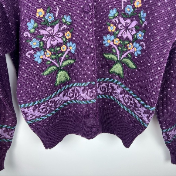 Herman Geist Vintage Hand Embroidered Purple Floral Wool Blend Cardigan Sweater - Picture 4 of 9